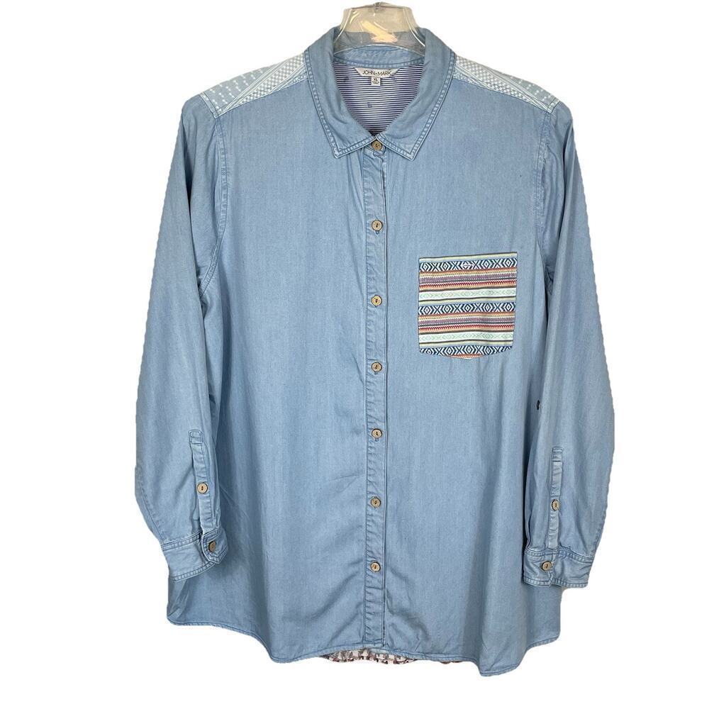 John Mark Chambray Tunic Top Size XL Blue Mixed Print Boho Lagenlook Cottagecore